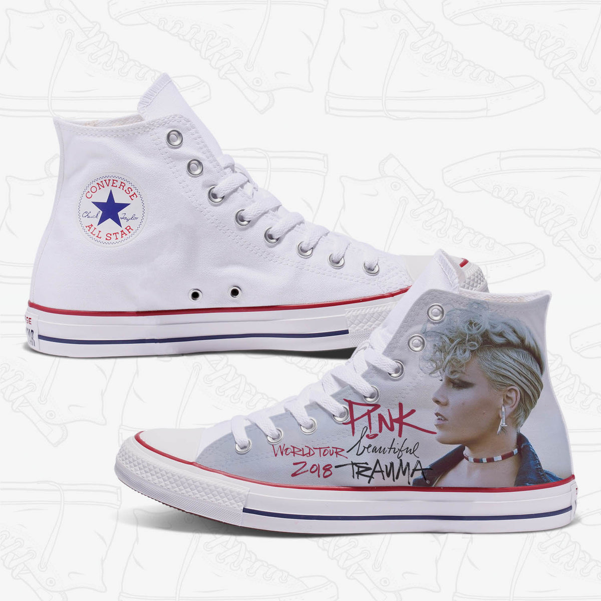 Pink Beautiful Trauma Adult Custom Converse Shoes | High and Low Top White